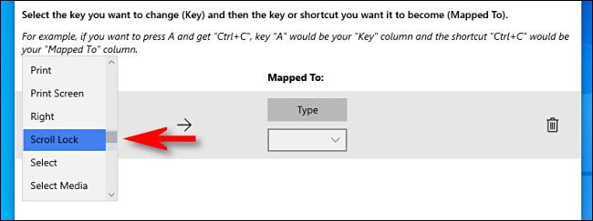 Em PowerToys, selecione a chave que deseja remapear.