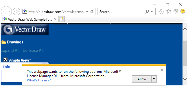 Prompt ActiveX do Internet Explorer 11 no Windows 10.