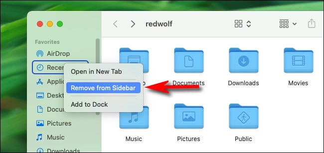 Clique com o botão direito em “Recentes” em uma janela do Finder e selecione “Remover da barra lateral”.