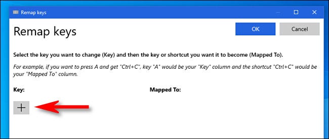 Na janela "Remapear chaves" do PowerToys, clique no botão de adição.
