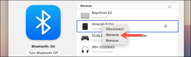 Clique na opção Renomear nas configurações do macOS Bluetooth