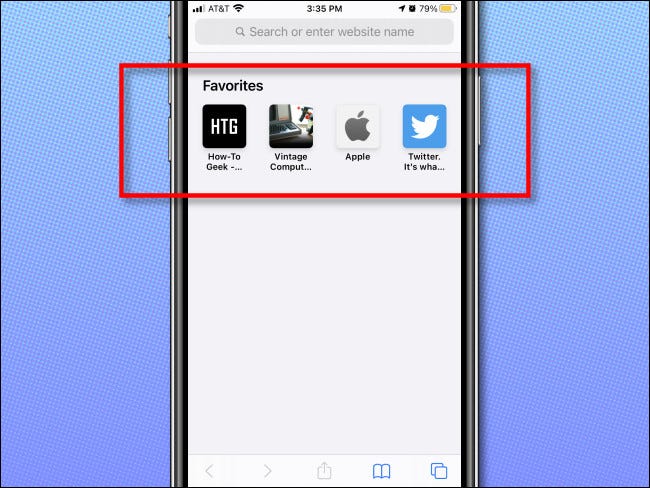 Um exemplo de favoritos que aparecem em uma página em branco no Safari no iPhone.