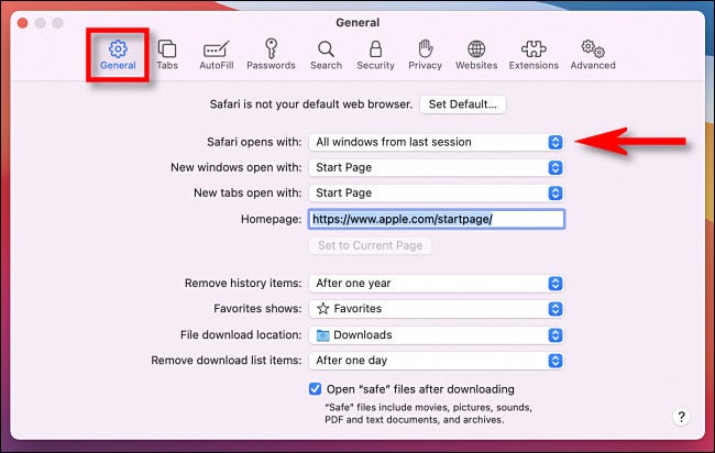 Em Preferências do Safari, selecione "Todas as janelas da última sessão" no menu suspenso "O Safari abre com".