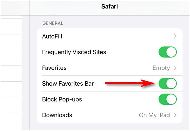 Nas configurações do Safari no iPad, toque no botão ao lado de "Mostrar barra de favoritos" para ligá-lo ou desligá-lo.