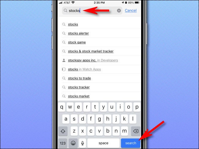 Na App Store, digite "Ações" e toque em "Pesquisar".