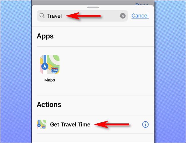 No painel de ações, pesquise "viagem" e selecione "Obter tempo de viagem".