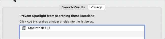 Você verá "Macintosh HD" na lista de locais a serem excluídos das pesquisas do Spotlight.