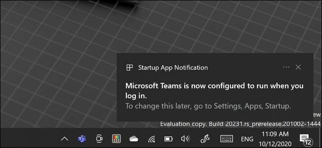 A nova notificação de aplicativo de inicialização no Windows 10.