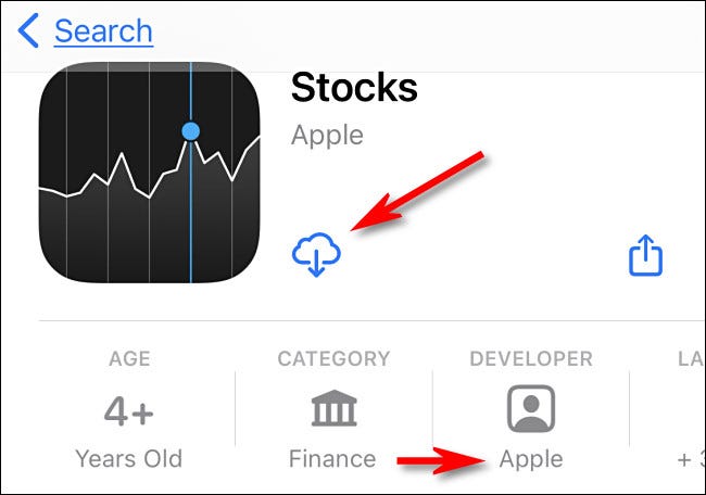 Na App Store, verifique se o desenvolvedor é "Apple" e toque no ícone de download da nuvem.