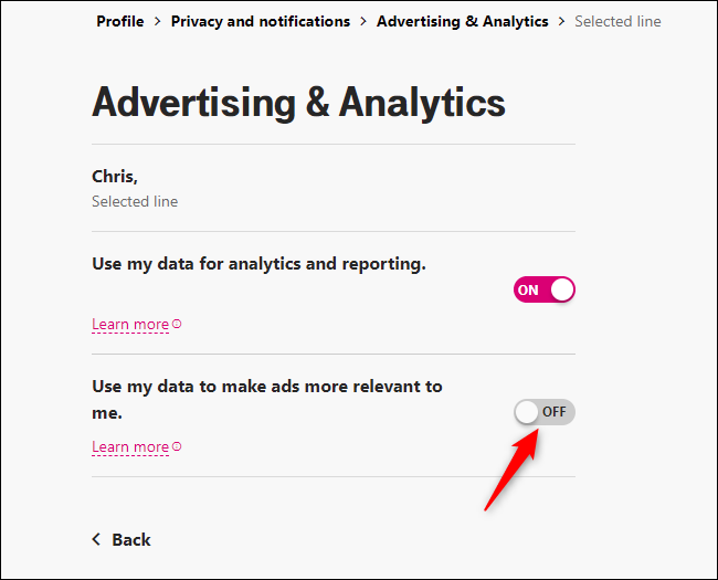 Desative "Usar meus dados para tornar os anúncios mais relevantes para mim".