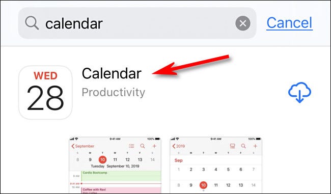 Na App Store, toque em "Calendário" nos resultados da pesquisa.