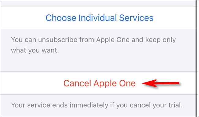 Toque em "Cancelar Apple One".