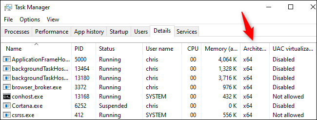 A coluna Arquitetura no Gerenciador de Tarefas do Windows 10.