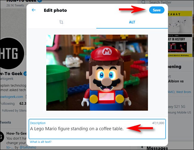 No site do Twitter, digite uma descrição em texto alternativo abaixo da imagem e clique em "Salvar".