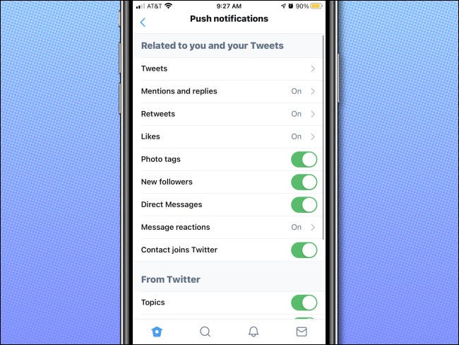 A tela "Notificações push" do aplicativo do Twitter permite ajustar quais notificações você receberá.