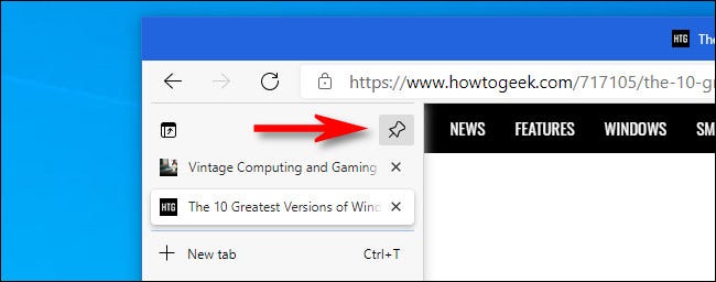 No Microsoft Edge, clique no botão de tachinha na coluna das guias verticais para manter a coluna expandida.