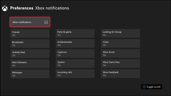 Configurações de notificações do Xbox