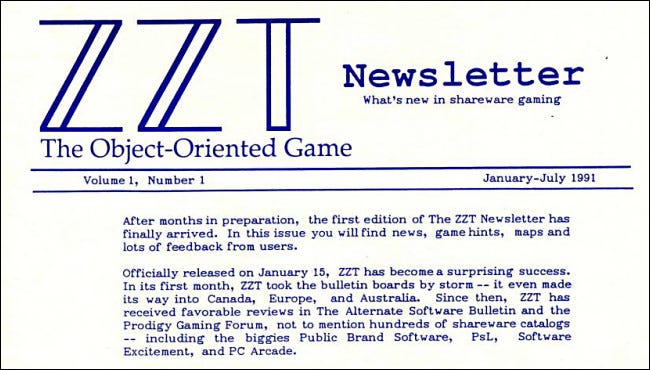 A primeira edição do ZZT Newsletter de 1991