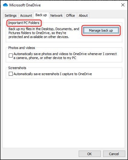 O botão "Gerenciar backup" nas configurações do OneDrive.