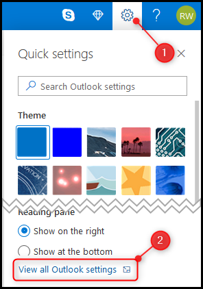 A engrenagem "Configurações" e a opção "Exibir todas as configurações do Outlook".