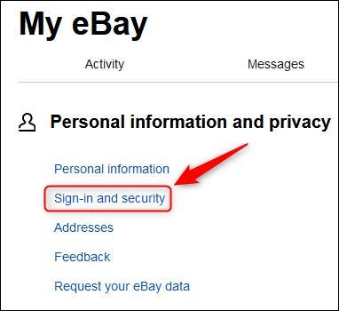 opção de menu "Login e segurança" do ebay.