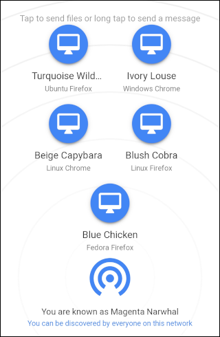 A interface do aplicativo Snapdrop para Android