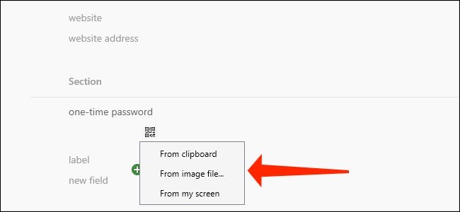 1Password para Windows permite que você escolha de onde obter o código QR, se estiver configurando a autenticação de dois fatores