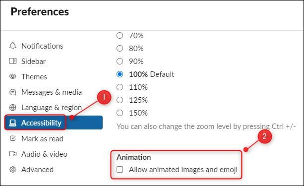 A caixa de seleção "Permitir imagens animadas e emoji".