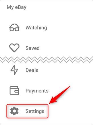 A opção "Configurações" no menu do eBay.
