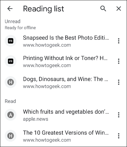 lista de leitura do Chrome no Android