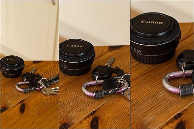 Comparação do campo de visão de uma lente de 50 mm em uma câmera full frame, APS-C e Micro Four Thirds