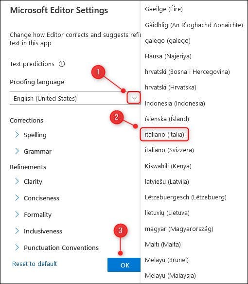 A lista suspensa "Linguagem de revisão" e os idiomas de verificação ortográfica possíveis.