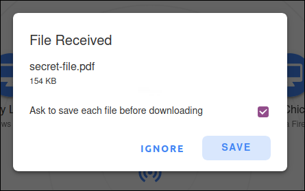 Caixa de diálogo de arquivo recebido com botões para ignorar e salvar