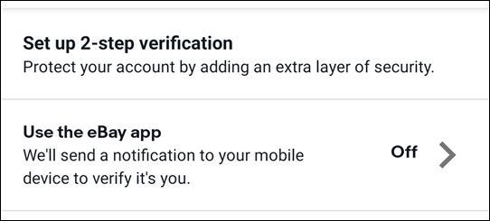 As opções "Configurar verificação em duas etapas" e "Usar o aplicativo eBay".