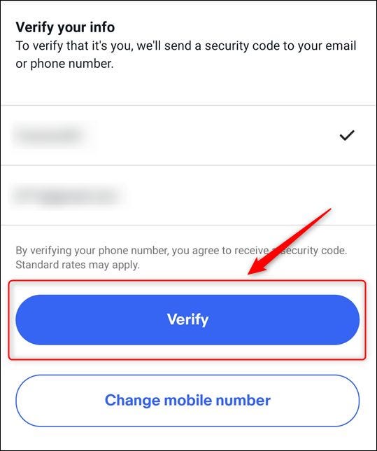 A escolha do número de telefone e endereço de e-mail e o botão "Verificar"