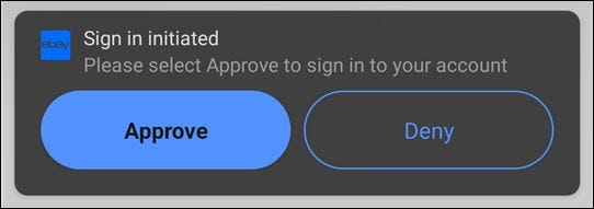 O alerta de aprovação quando alguém faz login em sua conta do eBay.