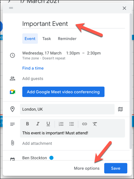 Na caixa pop-up de detalhes do evento, adicione os detalhes adequados (como título e local do evento) na caixa fornecida ou pressione "Mais opções" para o menu mais amplo.