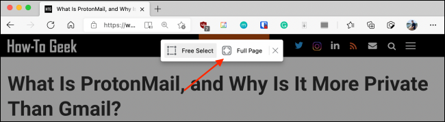 Clique em Página inteira do Web Capture no Microsoft Edge