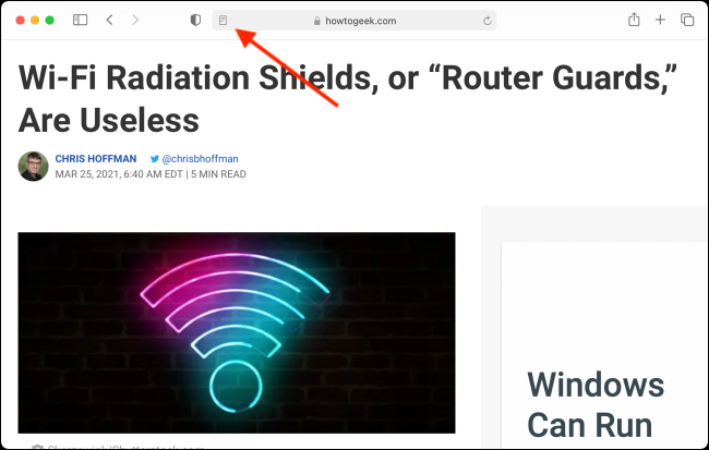 Clique no botão Reader View no Safari para Mac