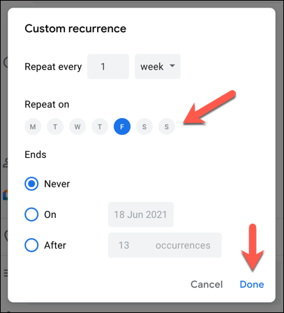 No menu "Recorrência personalizada", defina sua programação personalizada para o evento usando as opções fornecidas e pressione "Concluído" para salvar.