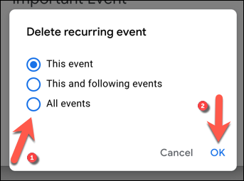 Selecione se deseja excluir o evento selecionado ou outros eventos recorrentes e pressione "OK" para salvar sua escolha.