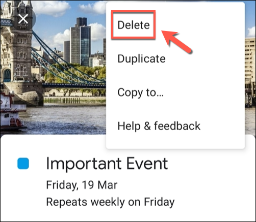 Toque em um bloco de evento e pressione o ícone do menu de hambúrguer> Excluir para remover o evento.