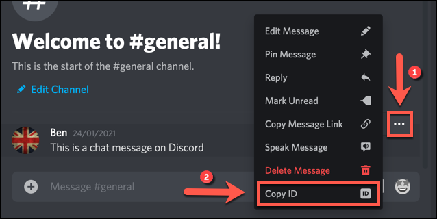 Para copiar um ID de mensagem do Discord, passe o mouse sobre uma mensagem e pressione a opção de três pontos.  No menu, pressione a opção "Copiar ID".