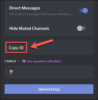 Para copiar um ID de servidor Discord no celular, toque no ID do servidor e em "Copiar ID" no painel de opções abaixo.