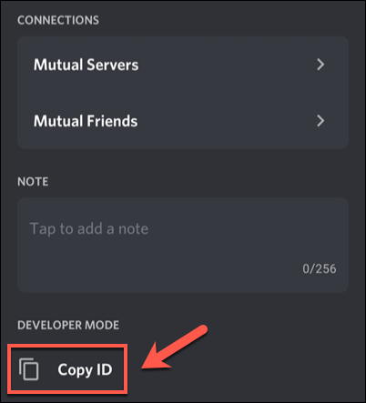 Para copiar uma ID de usuário usando o modo de desenvolvedor, toque no nome de usuário na lista de usuários do canal ou na lista de membros mais ampla do seu servidor e toque na opção "Copiar ID".