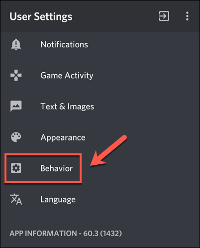 No menu "Configurações do usuário" do Discord, toque na opção "Comportamento".