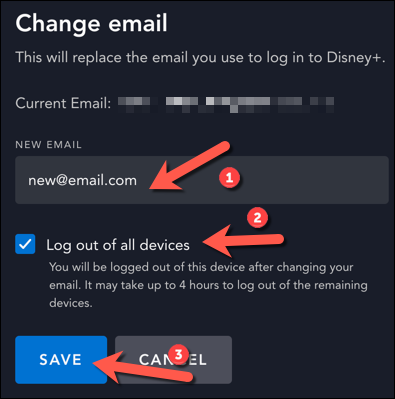 Digite um novo e-mail de conta na caixa fornecida e marque a caixa de seleção para fazer logout de todos os outros dispositivos.  Pressione "Salvar" para confirmar.