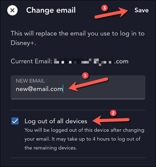 Digite seu novo e-mail de conta na caixa fornecida e marque a caixa de seleção para sair de todos os outros dispositivos antes de tocar em "Salvar" para confirmar.