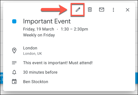 Pressione o botão "Editar" para editar um evento do Google Agenda.