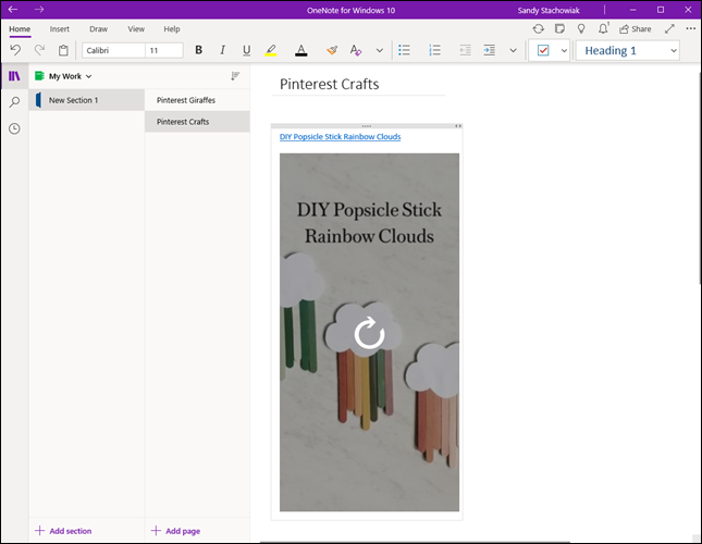 Pin do Pinterest incorporado no OneNote para Windows 10